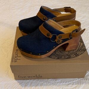 Cordani Navy Denim and Tan Leather Clog Heels with Wooden Platform